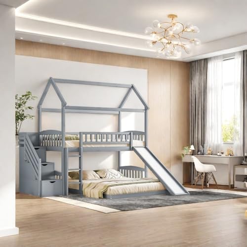 Twin Over Full Bunk Bed with Stairs and Slide, Gray M29973