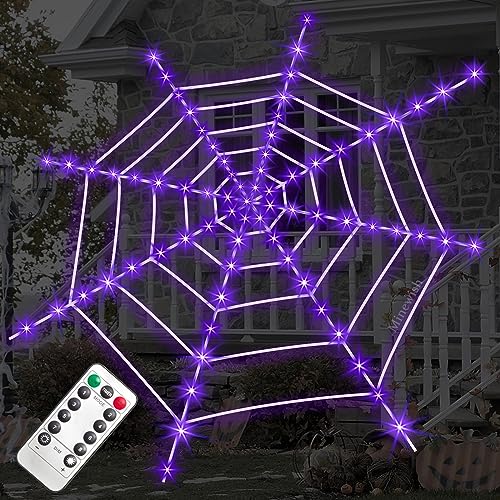 Purple LED Light Up Spiderweb & Large Spider Halloween Decorations P6126