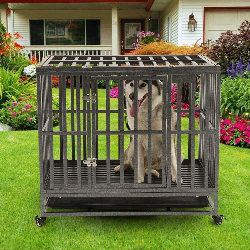 38 Heavy Duty Metal Dog Crate with Double Doors and Wheels, Black I2701