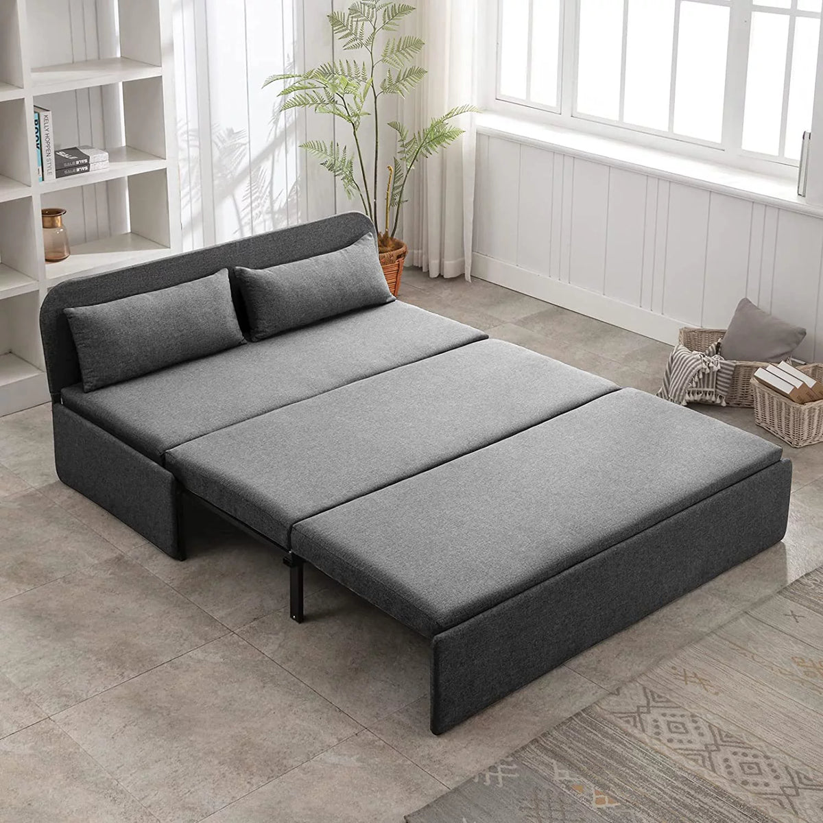 Queen Size Convertible Linen Sleeper Sofa Bed Dark Gray B819453