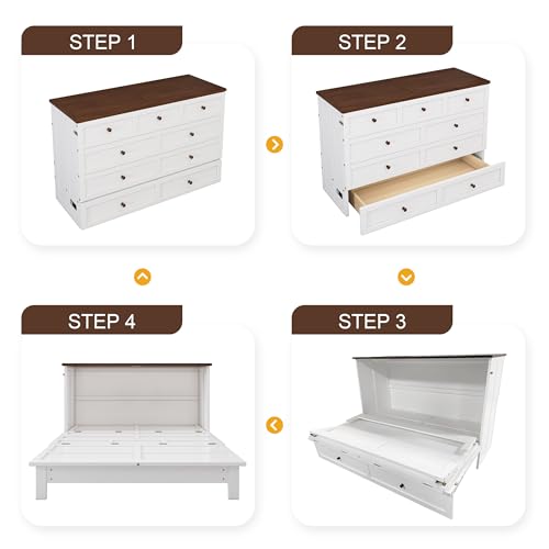 Queen Size White Murphy Bed Cabinet with Charging Station & Storage Drawer V2416