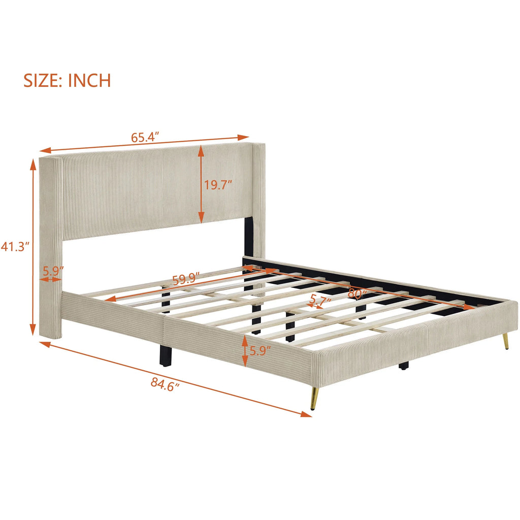 Queen Size Beige Corduroy Platform Bed with Metal Legs S931567