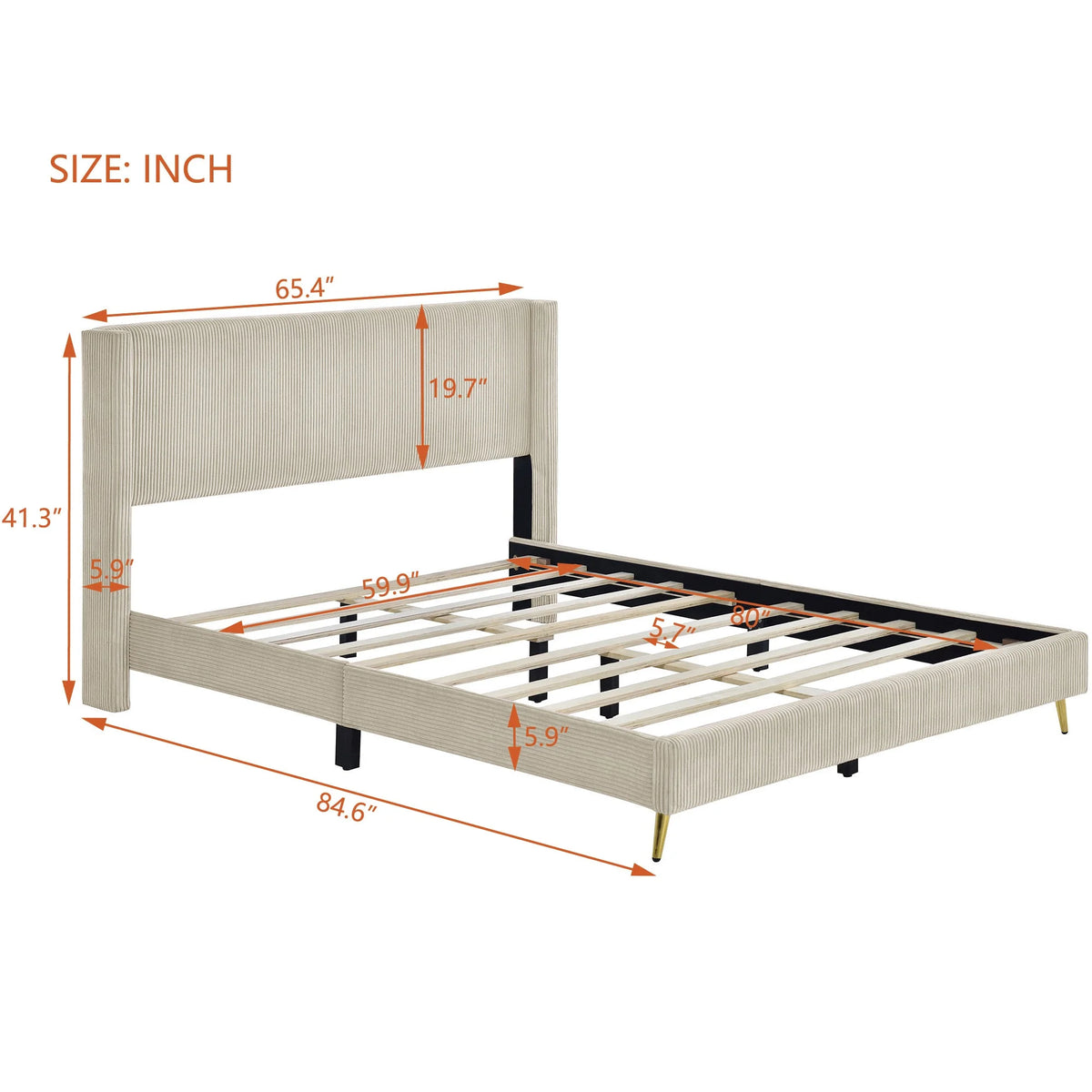 Queen Size Beige Corduroy Platform Bed with Metal Legs S931567