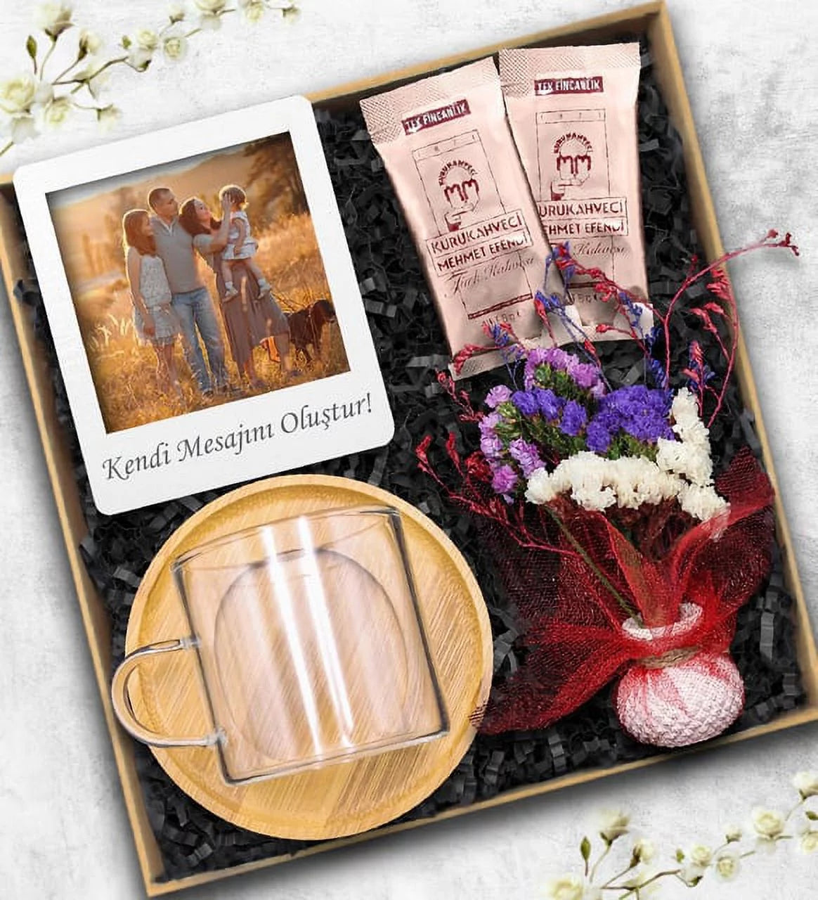 Personalized Photo Frame & Dry Flower Bouquet & Glass Cup & 2 Piece Turkish Coffee Gift Set N954451