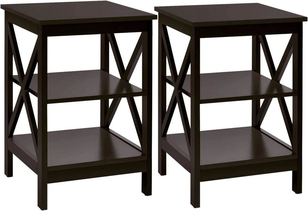 3-Tier Nightstand Set of 2 Wooden Side Table with Storage Shelf T907346