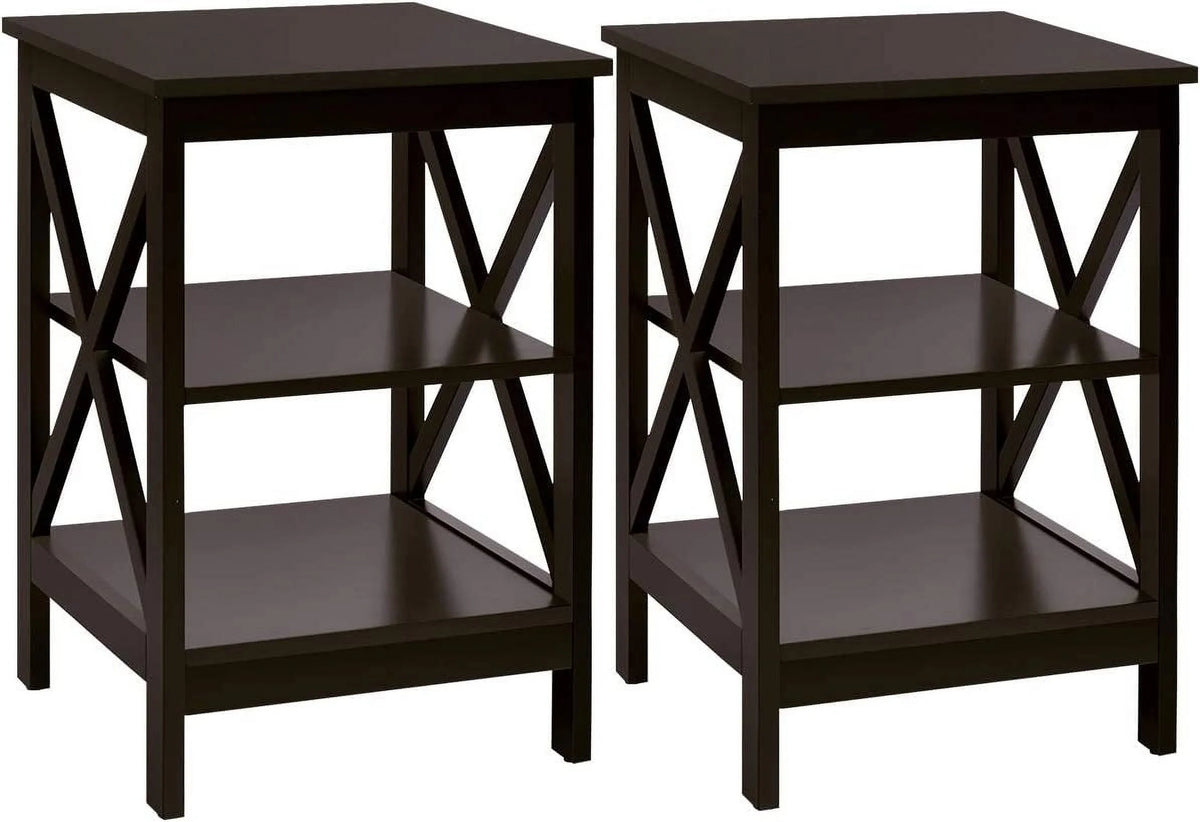 3-Tier Nightstand Set of 2 Wooden Side Table with Storage Shelf T907346
