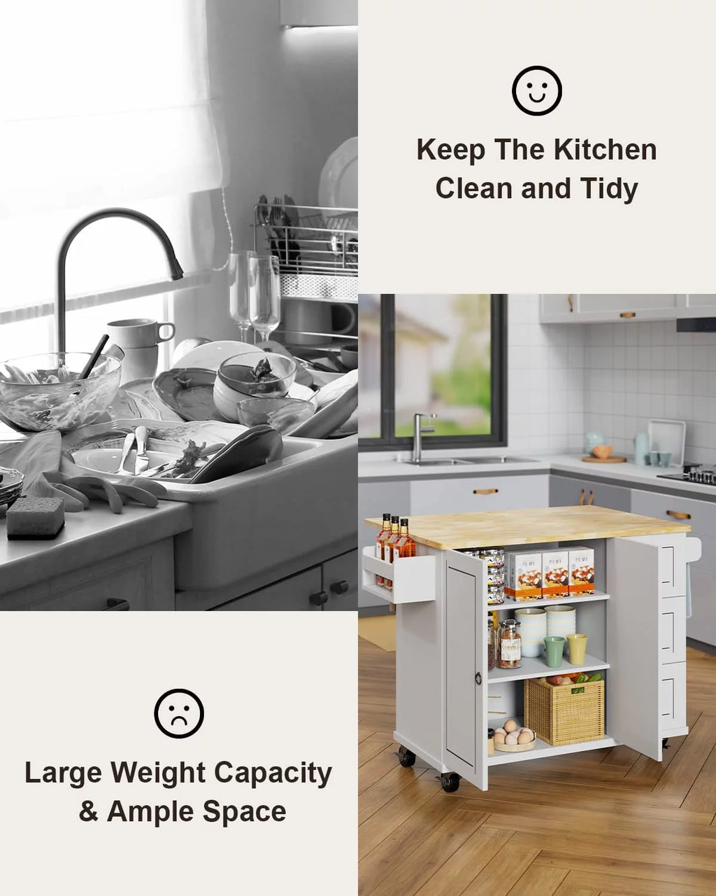 White Kitchen Cart on Wheels with Storage F189