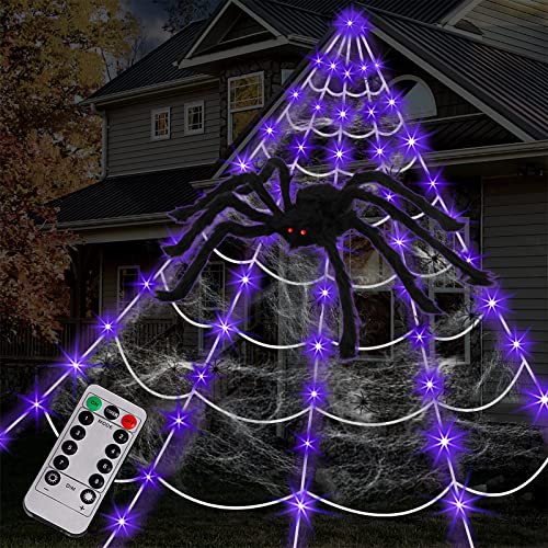 Purple LED Light Up Spiderweb & Large Spider Halloween Decorations P6126