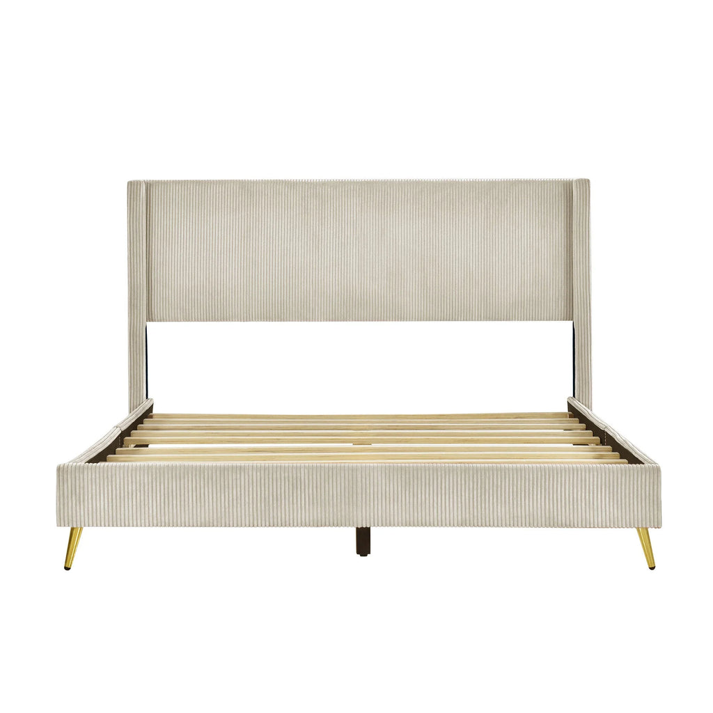 Queen Size Beige Corduroy Platform Bed with Metal Legs S931567