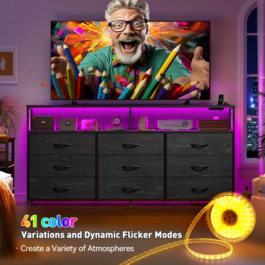 Black Dresser TV Stand with 9 Fabric Drawers & Power Outlet I6608