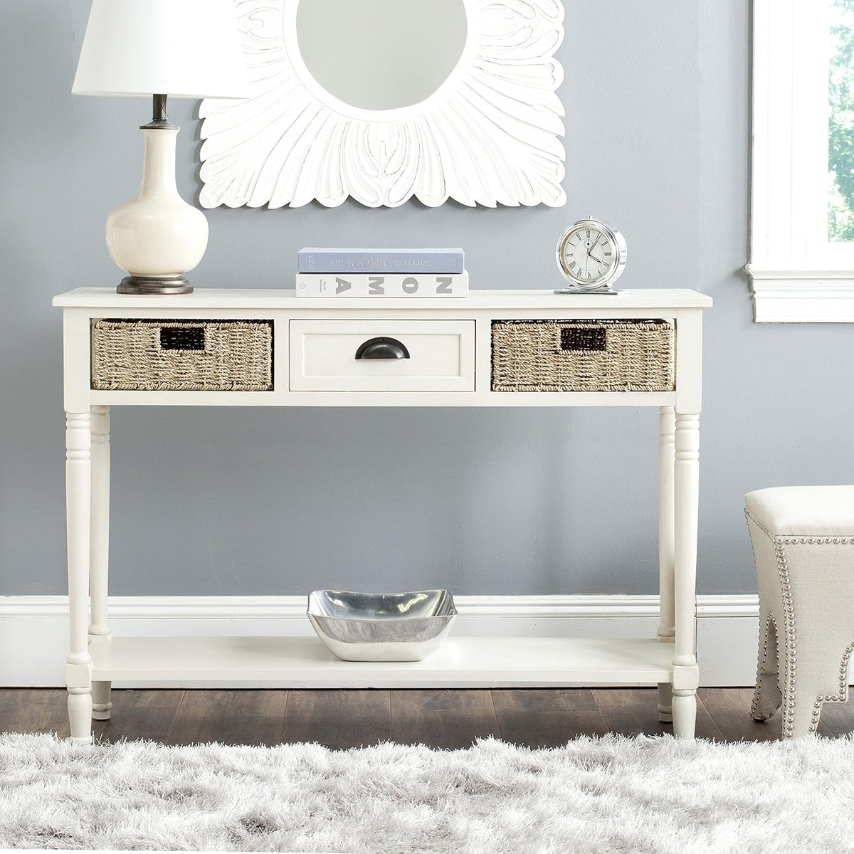 Grey Wicker Console Table with Storage C591668