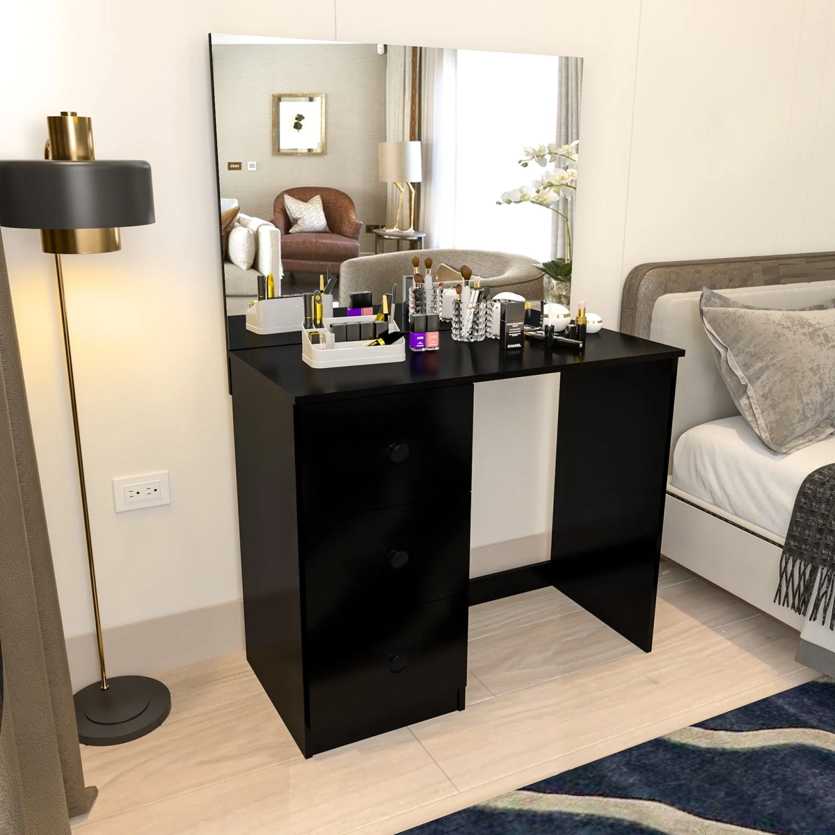 Black 3 Drawer Vanity Table with Mirror D105866