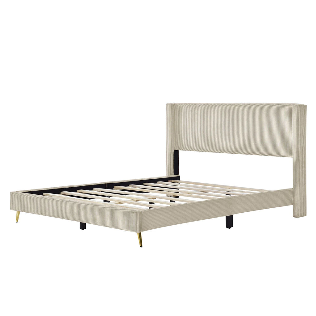 Queen Size Beige Corduroy Platform Bed with Metal Legs S931567