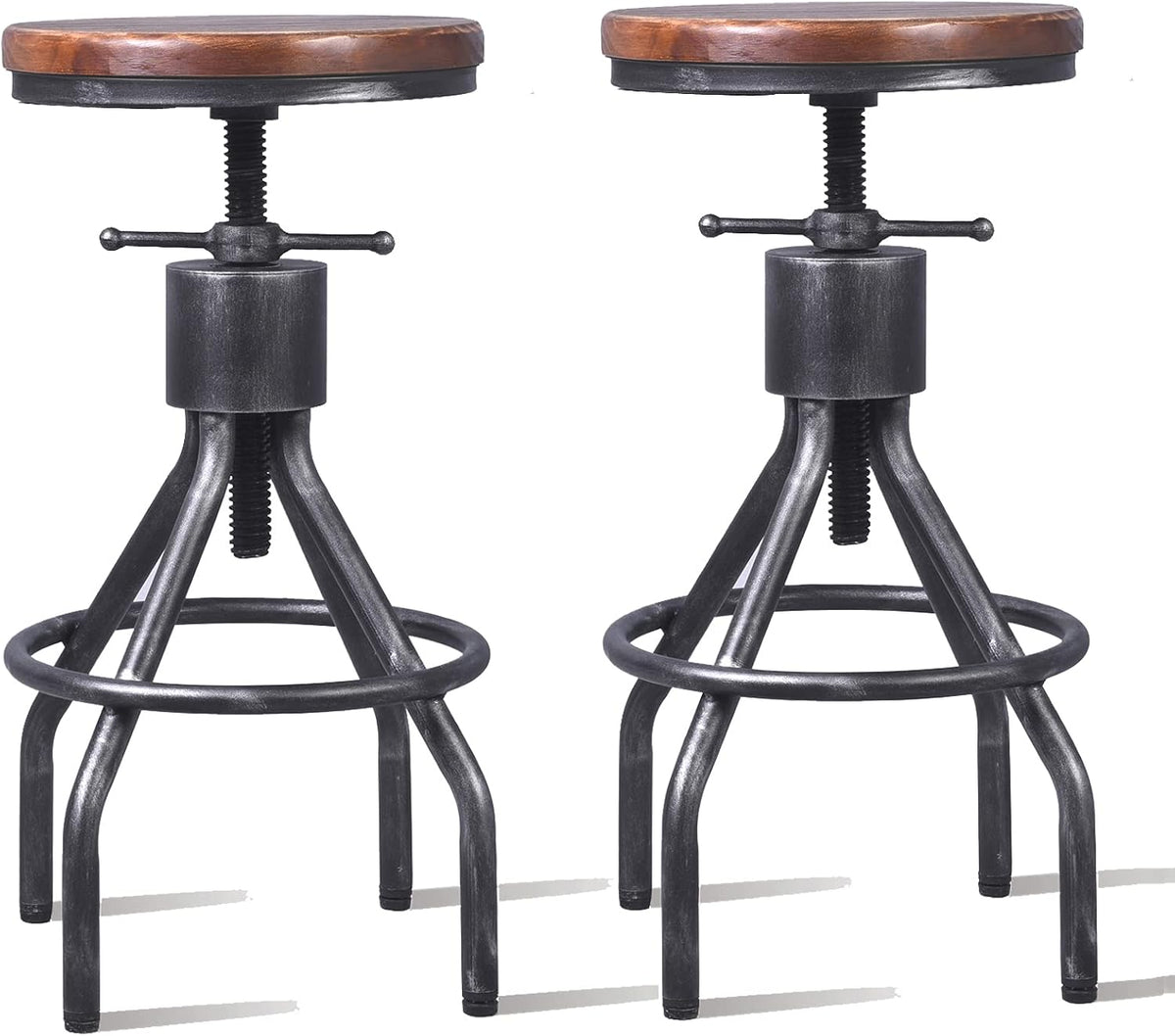 Set of 2 Adjustable Round Wood Metal Swivel Bar Stool X312