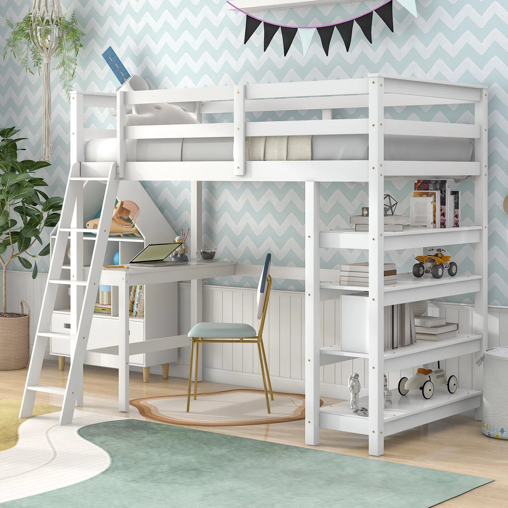 White Twin Loft Bed with Desk, Ladder, Shelves M7200