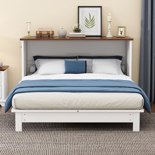 Queen Size White Murphy Bed Cabinet with Charging Station & Storage Drawer V2416