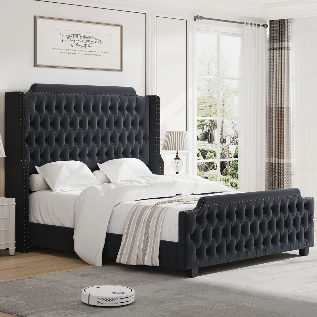 Queen Size Velvet Button Tufted Upholstered Bed with Headboard and Footboard L648