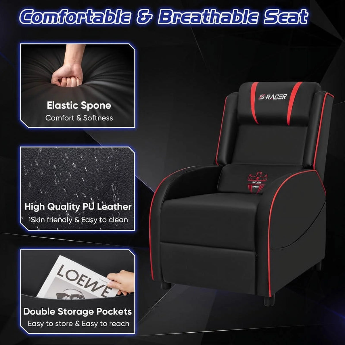 Red PU Leather Massage Gaming Recliner Chair I11923
