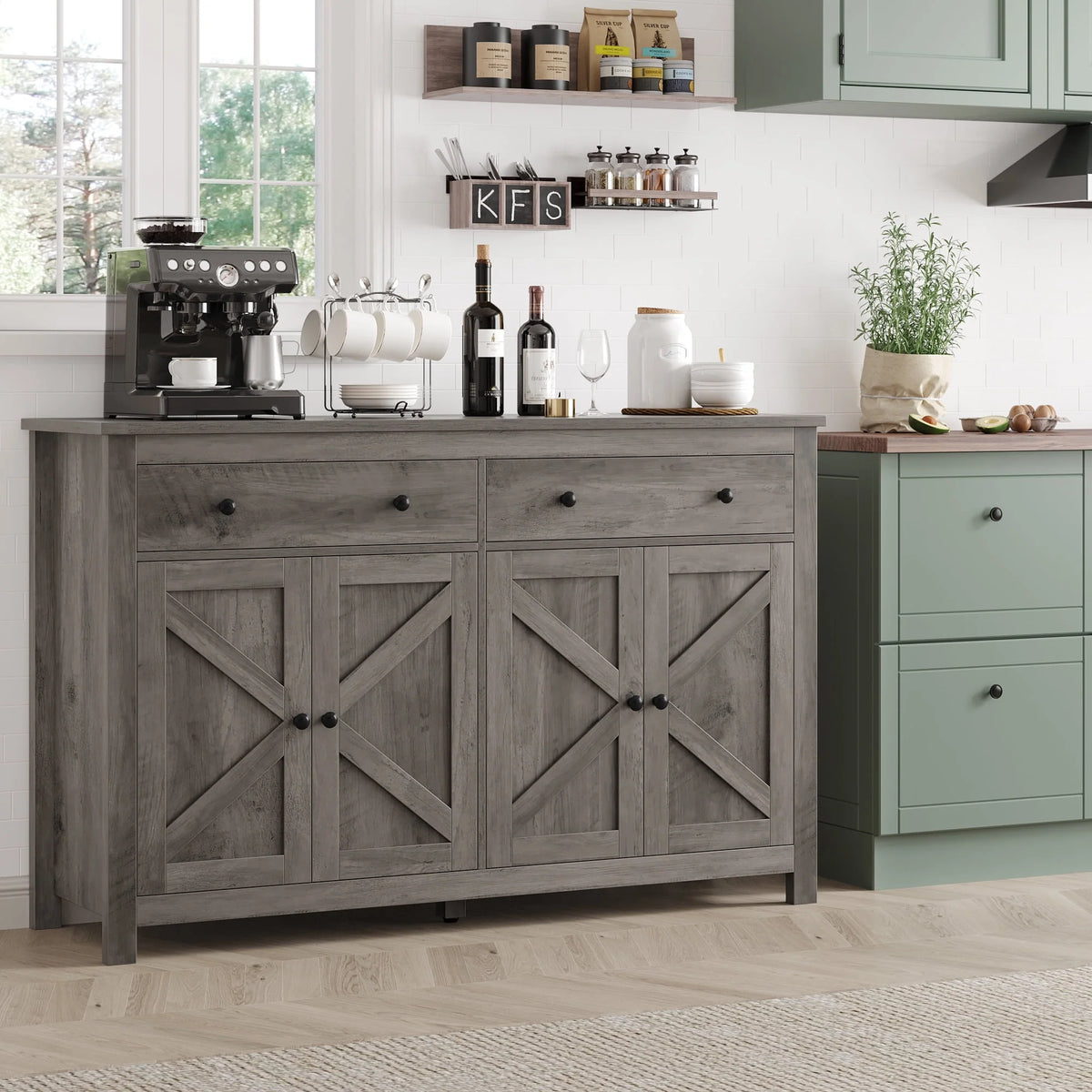 Brown 4-Door 2-Drawer Wood Buffet Cabinet V89493