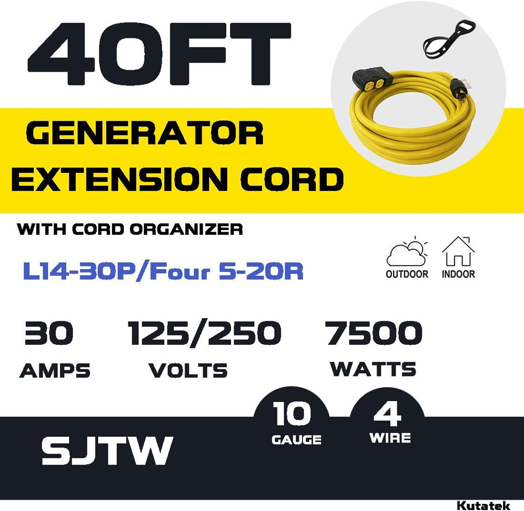 50Ft 30 Amp 125/250V 10 Gauge SJTW Power Cord with Surge Protector Breaker G48397