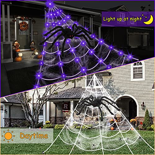 Purple LED Light Up Spiderweb & Large Spider Halloween Decorations P6126