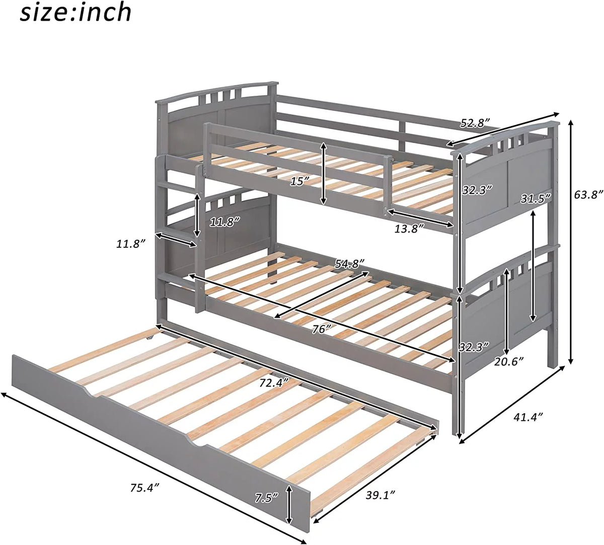 Grey Wooden Bunk Bed with Trundle Z562