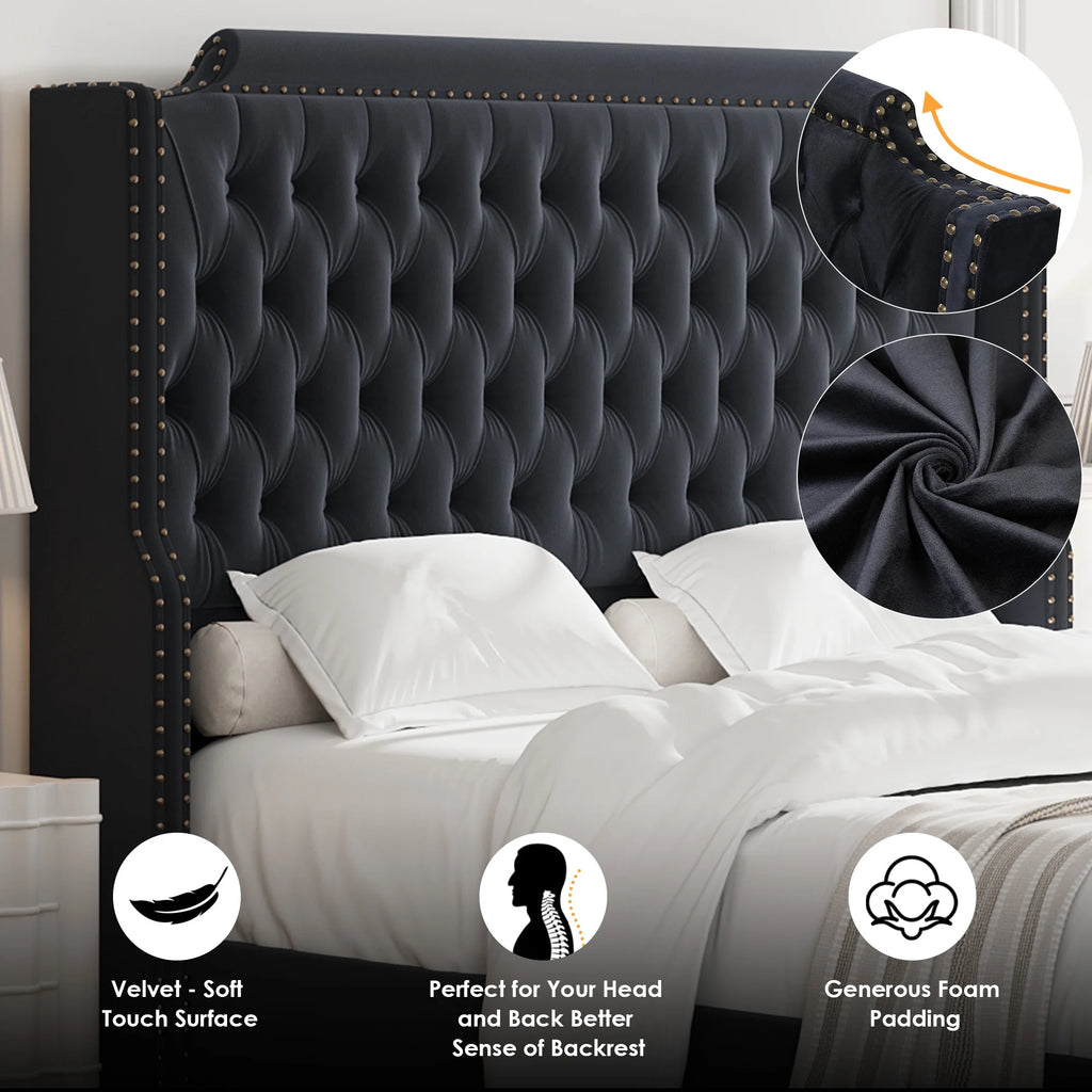 Queen Size Velvet Button Tufted Upholstered Bed with Headboard and Footboard L648