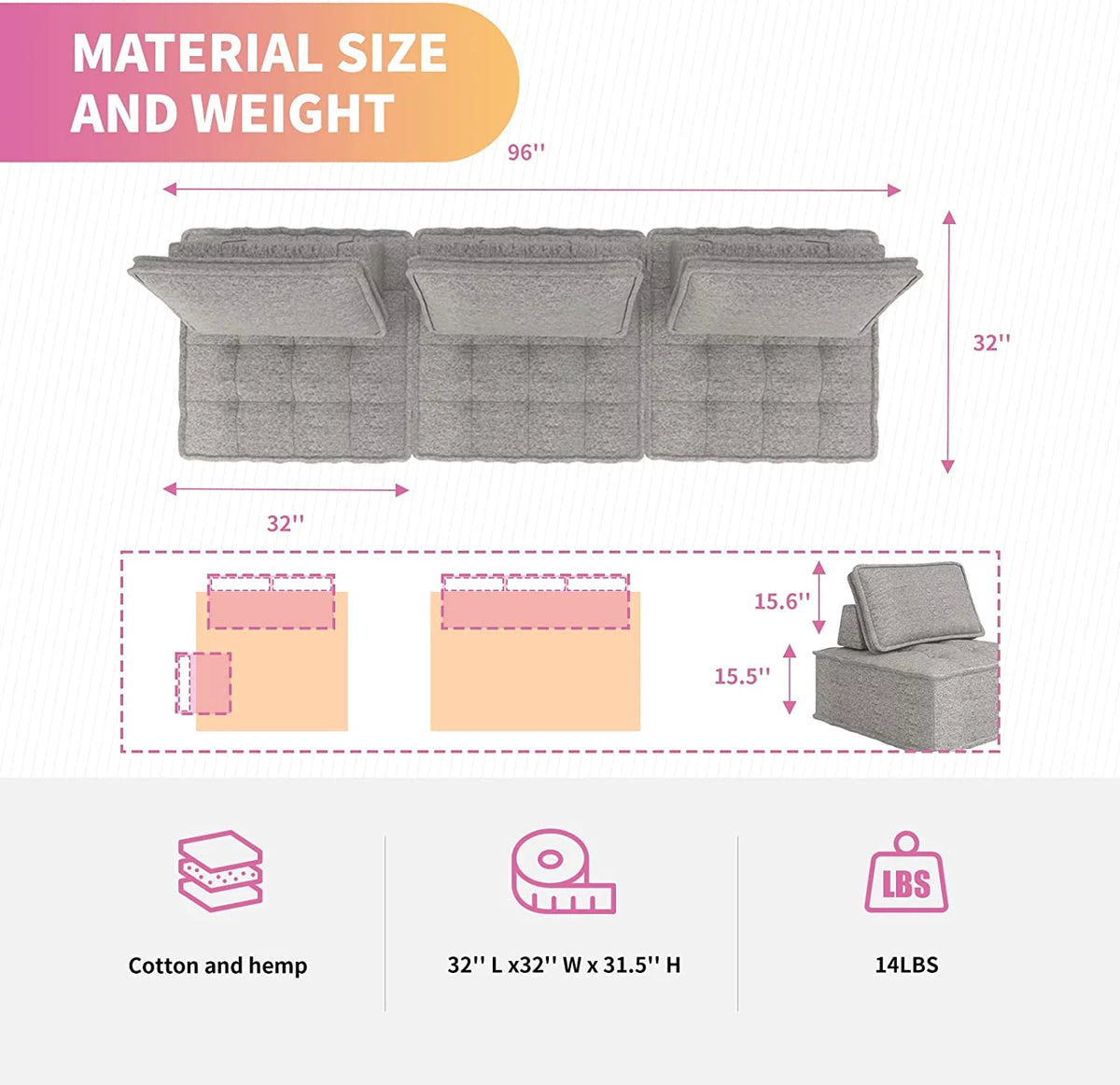 Light Grey 3 Seater Modular Sectional Sofa S265892