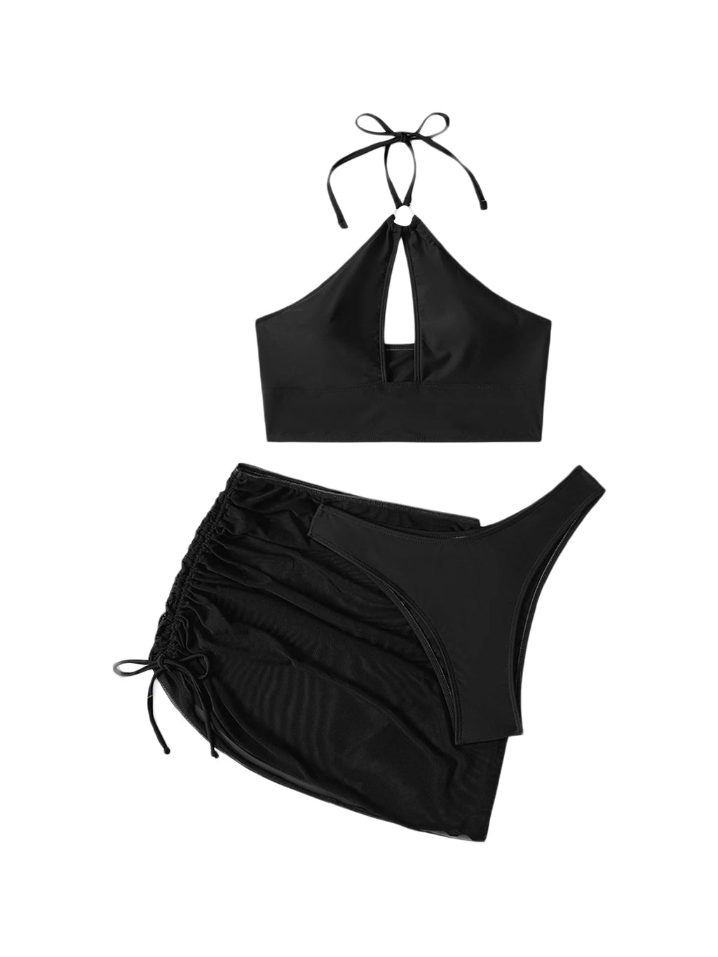 3 Pcs Bikini Set Halter Backless Tie-up Swim Bra Thong with Sarong Skirt Tie-dye Black K2461