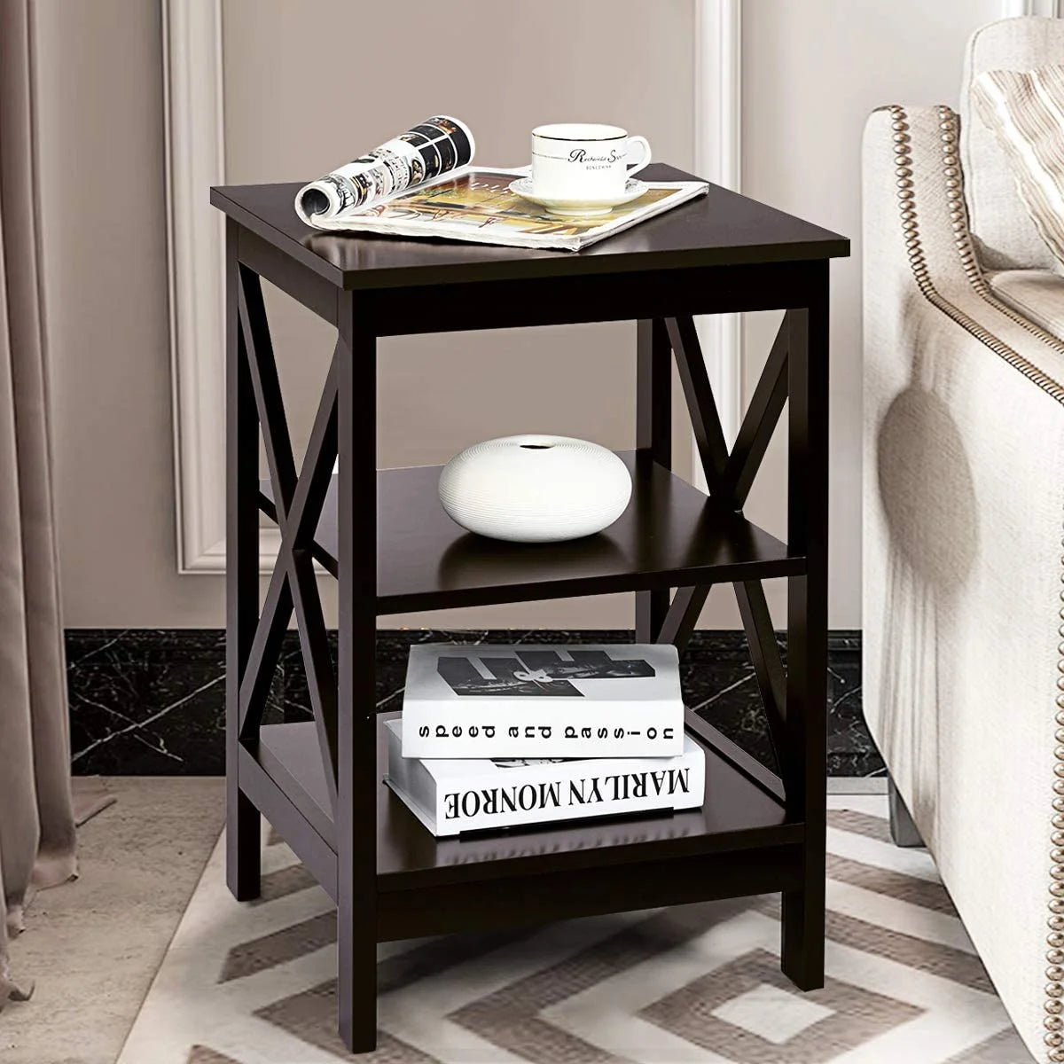 3-Tier Nightstand Set of 2 Wooden Side Table with Storage Shelf T907346