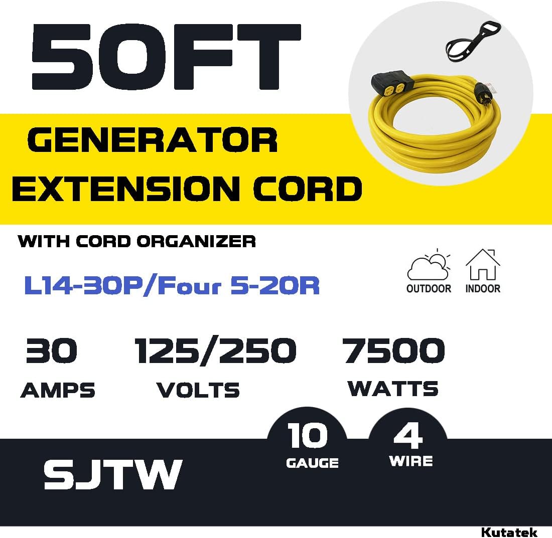 50Ft 30 Amp 125/250V 10 Gauge SJTW Power Cord with Surge Protector Breaker G48397