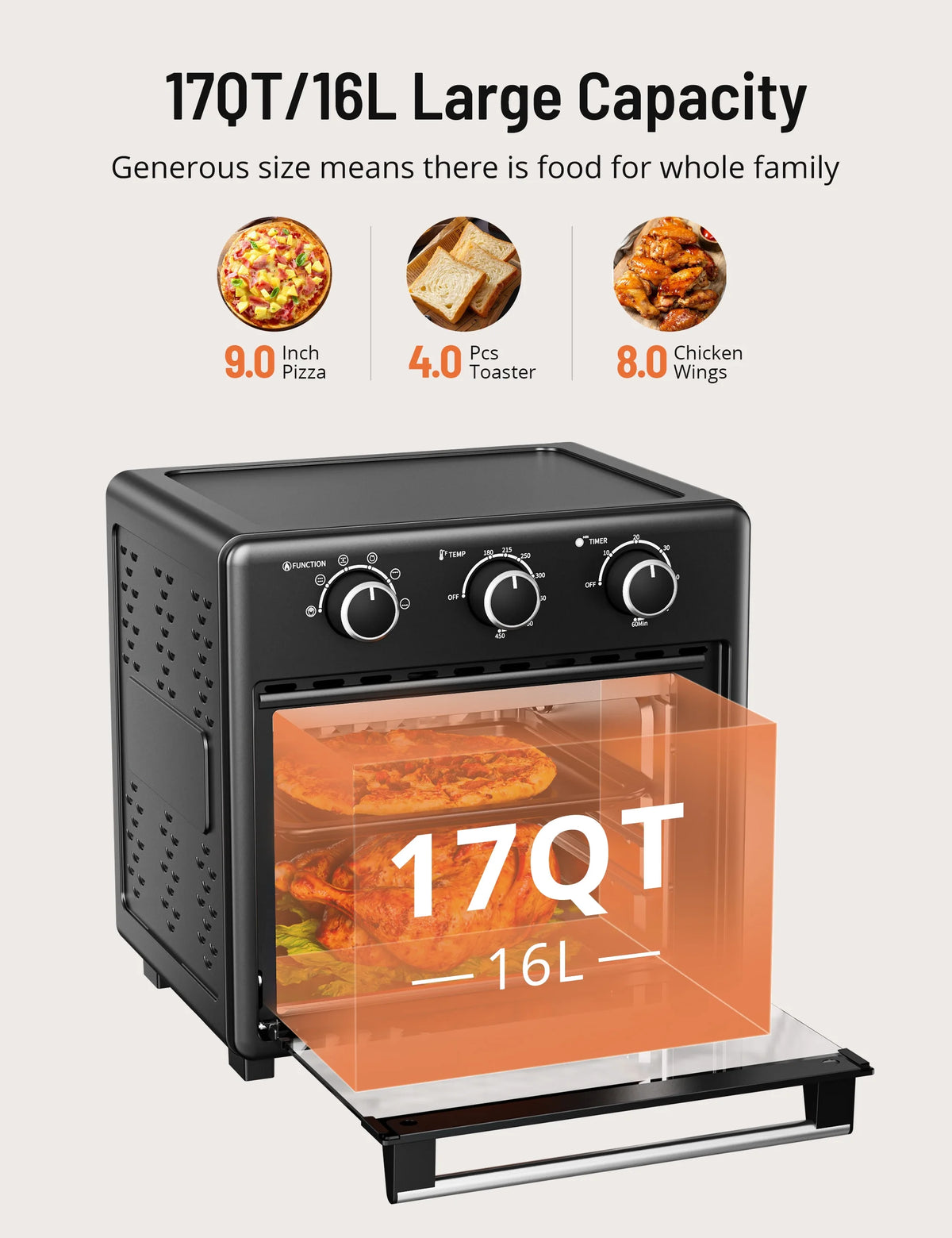 17QT Large Capacity 6-in-1 Air Fryer Toaster Oven F49235