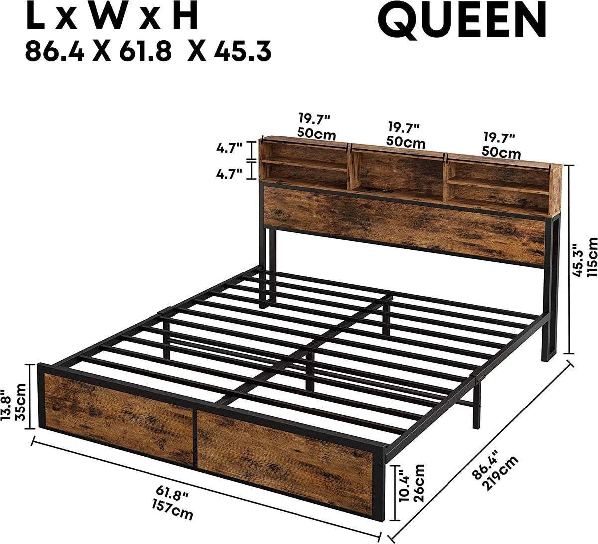 Full Bed Frame with Bookcase Headboard and Charging Station O691283