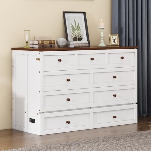 Queen Size White Murphy Bed Cabinet with Charging Station & Storage Drawer V2416