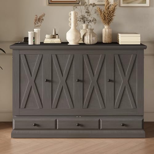 Queen Size White Murphy Bed Cabinet with Charging Station & Storage Drawer V2416