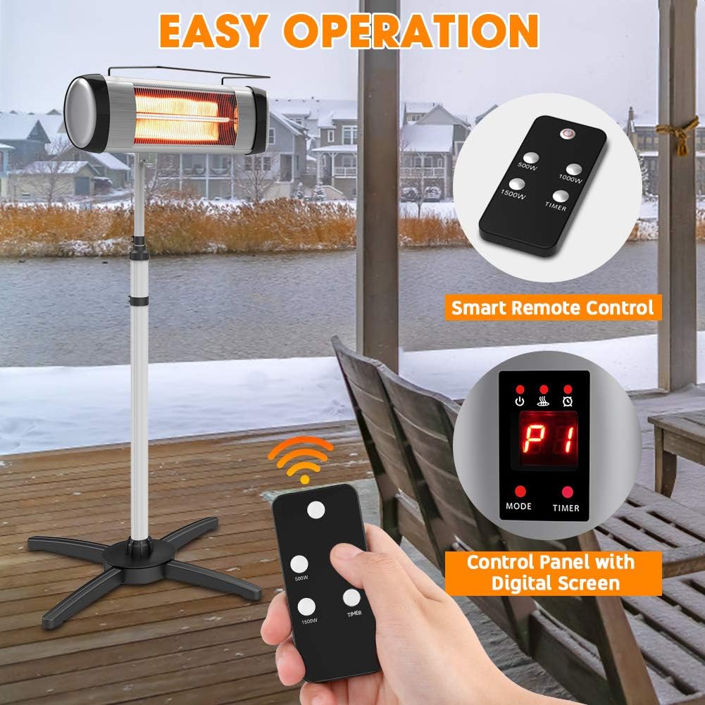 Electric Infrared Patio Heater, Freestanding with Remote Control and 24H Timer P12683