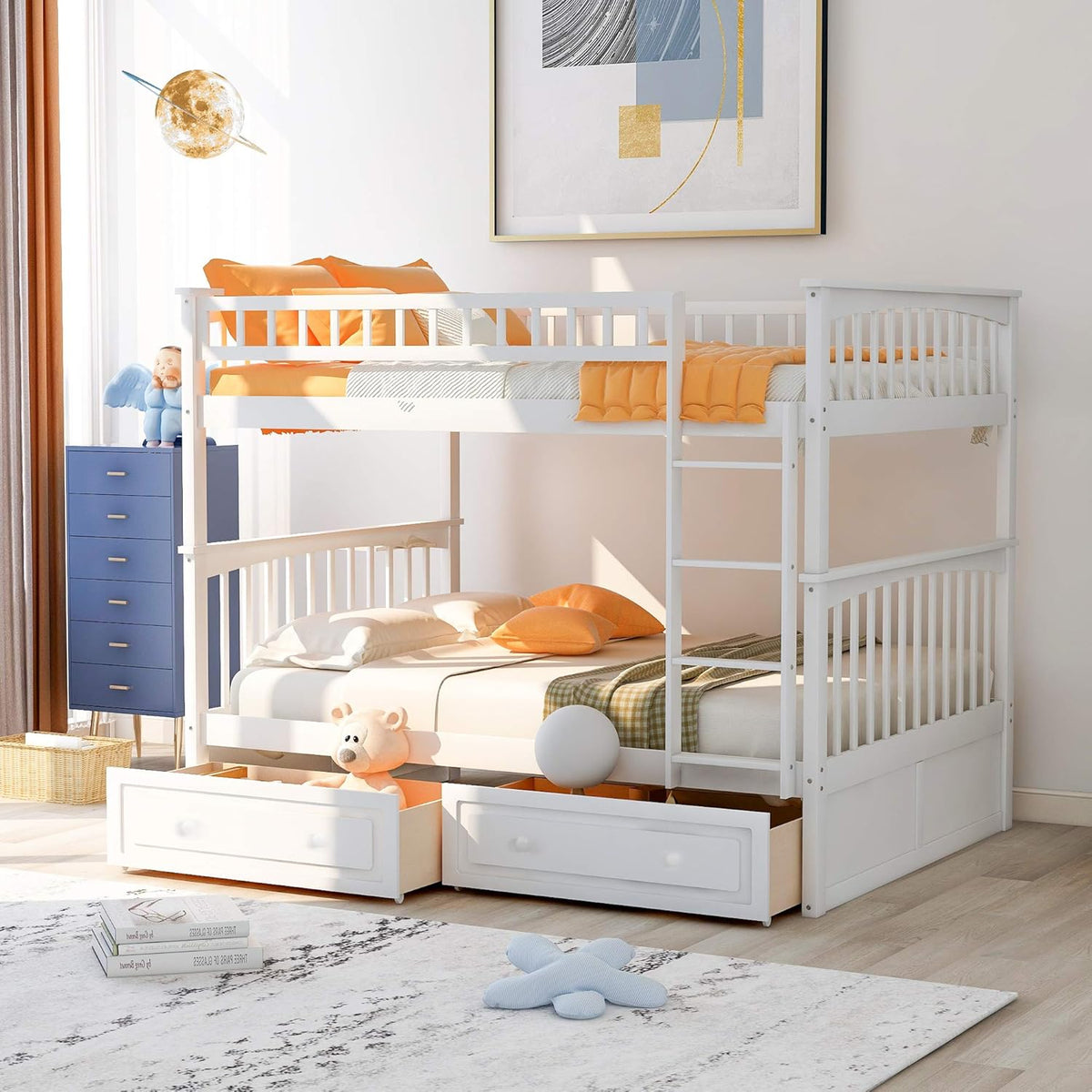 Solid Wood Twin Over Twin Bunk Bed with Two Storage Drawers M309