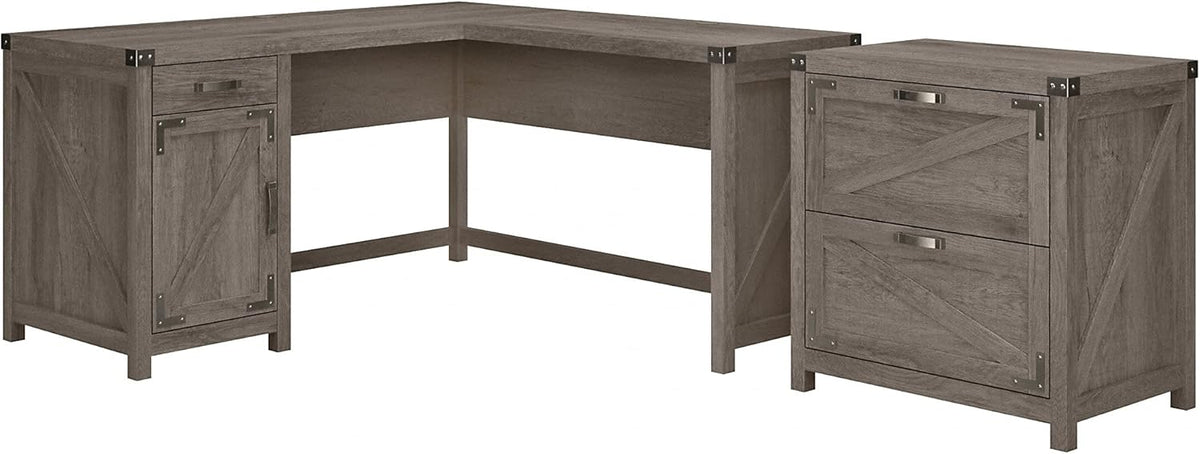 L Shaped Desk with 2 Drawer File Cabinet, 60W, Cottage White E869