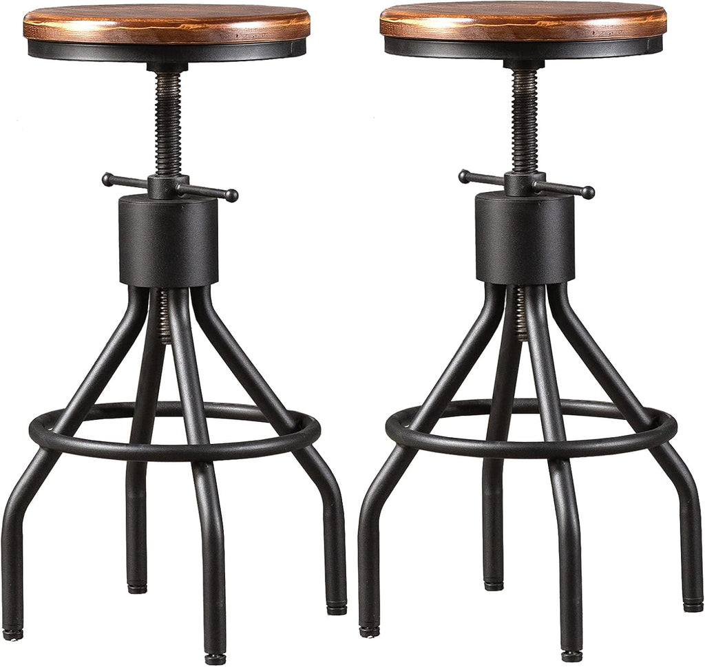 Set of 2 Adjustable Round Wood Metal Swivel Bar Stool X312