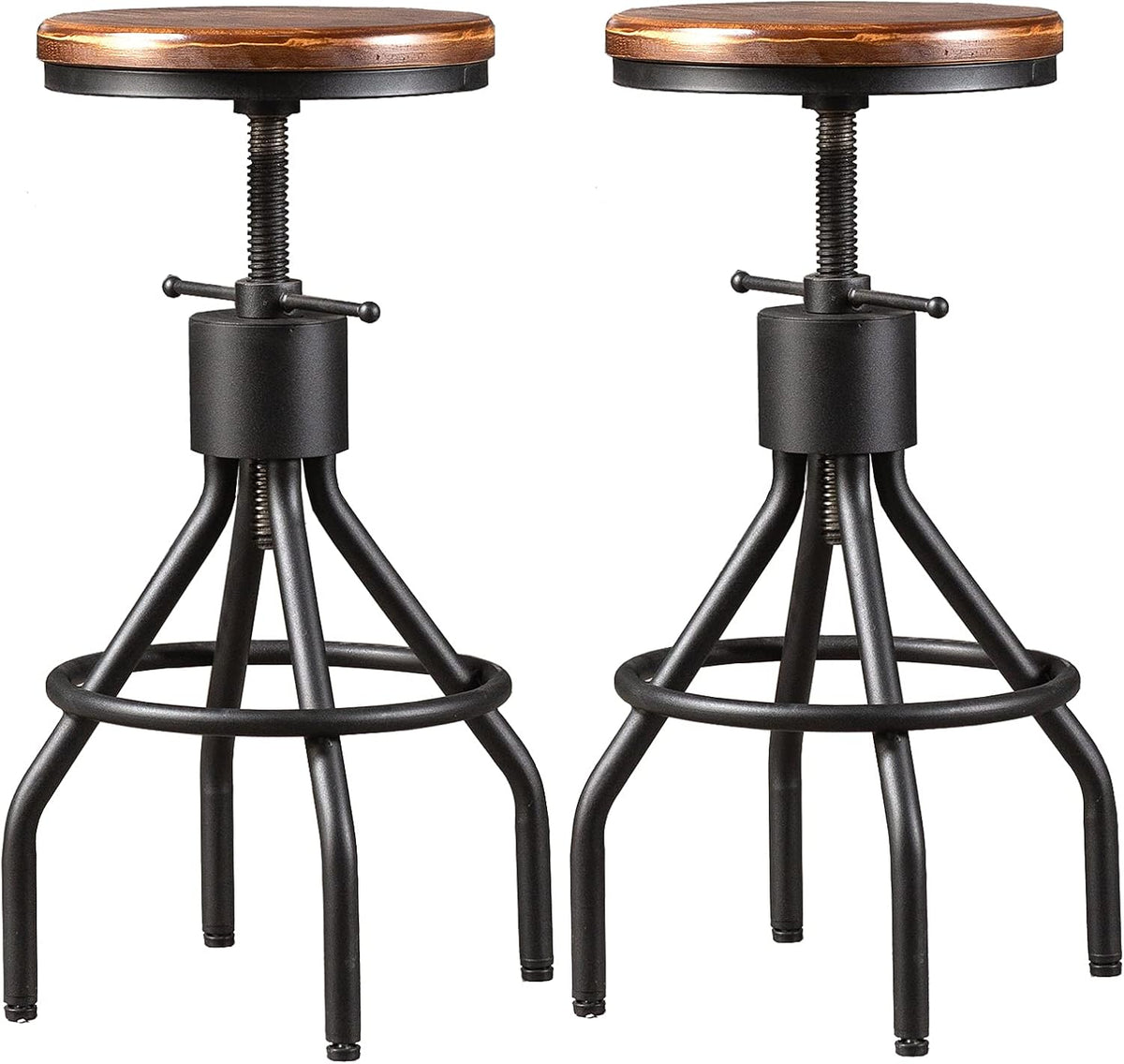 Set of 2 Adjustable Round Wood Metal Swivel Bar Stool X312