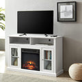 Mid Century Modern Electric Fireplace TV Stand with Tempered Glass Storage Cabinet and Adjustable Shelves, White G2617