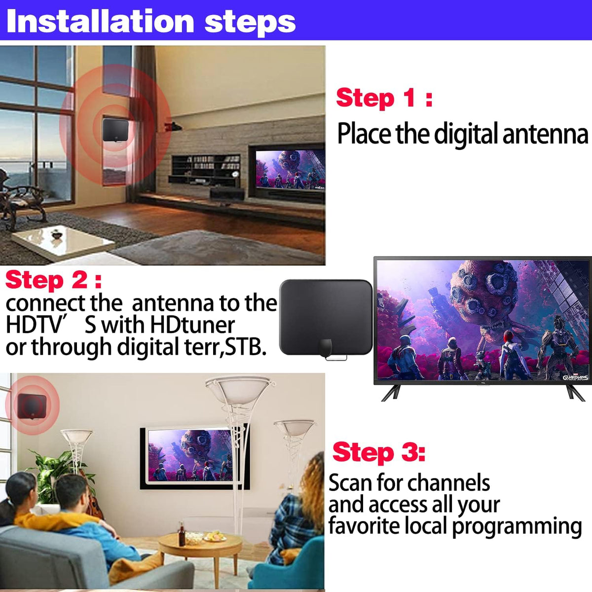 HD Digital TV Antenna 250 Miles Range 4K 1080p 18ft Coax Cable Pack of 2 V850