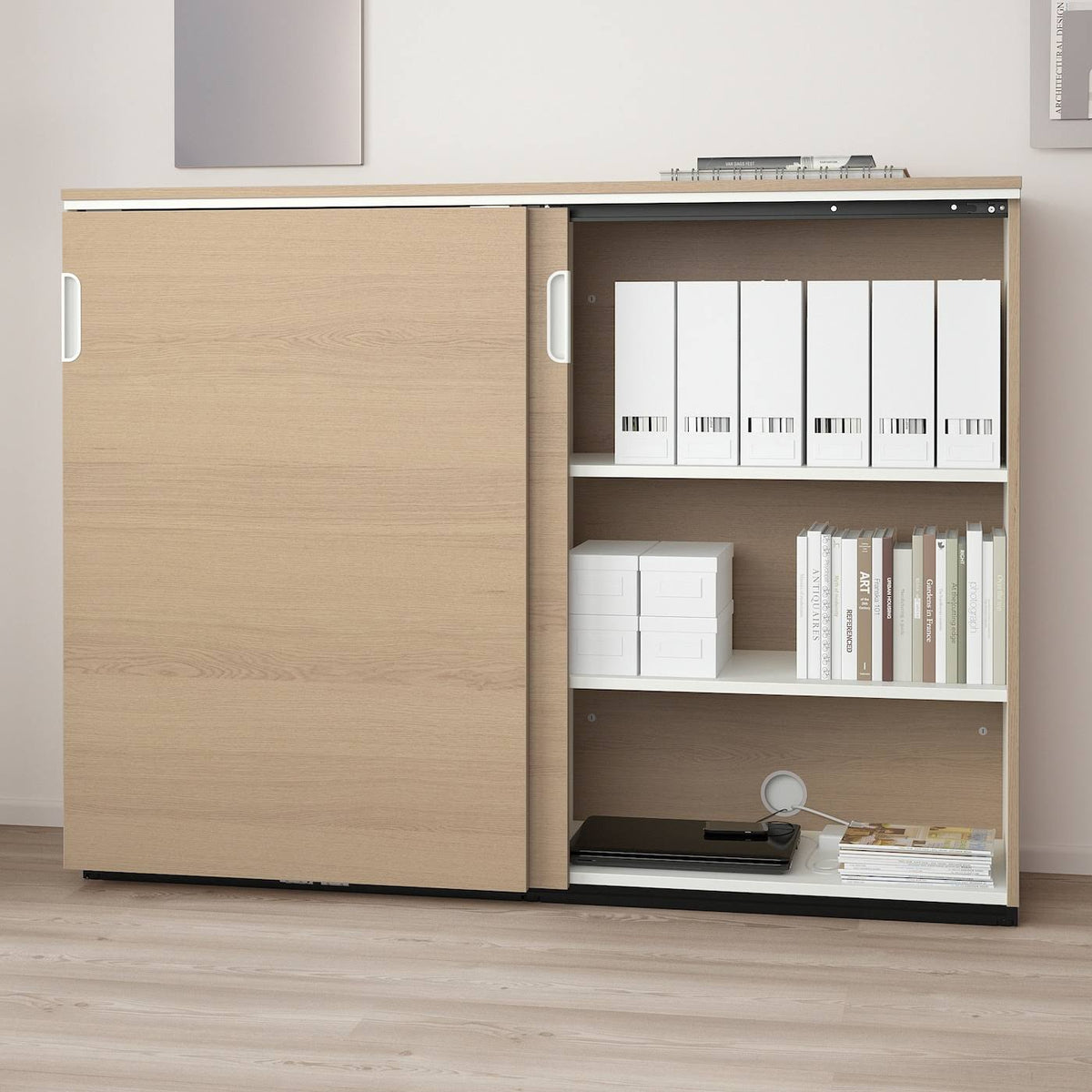 White Stained Oak Veneer Cabinet with Sliding Doors K1998