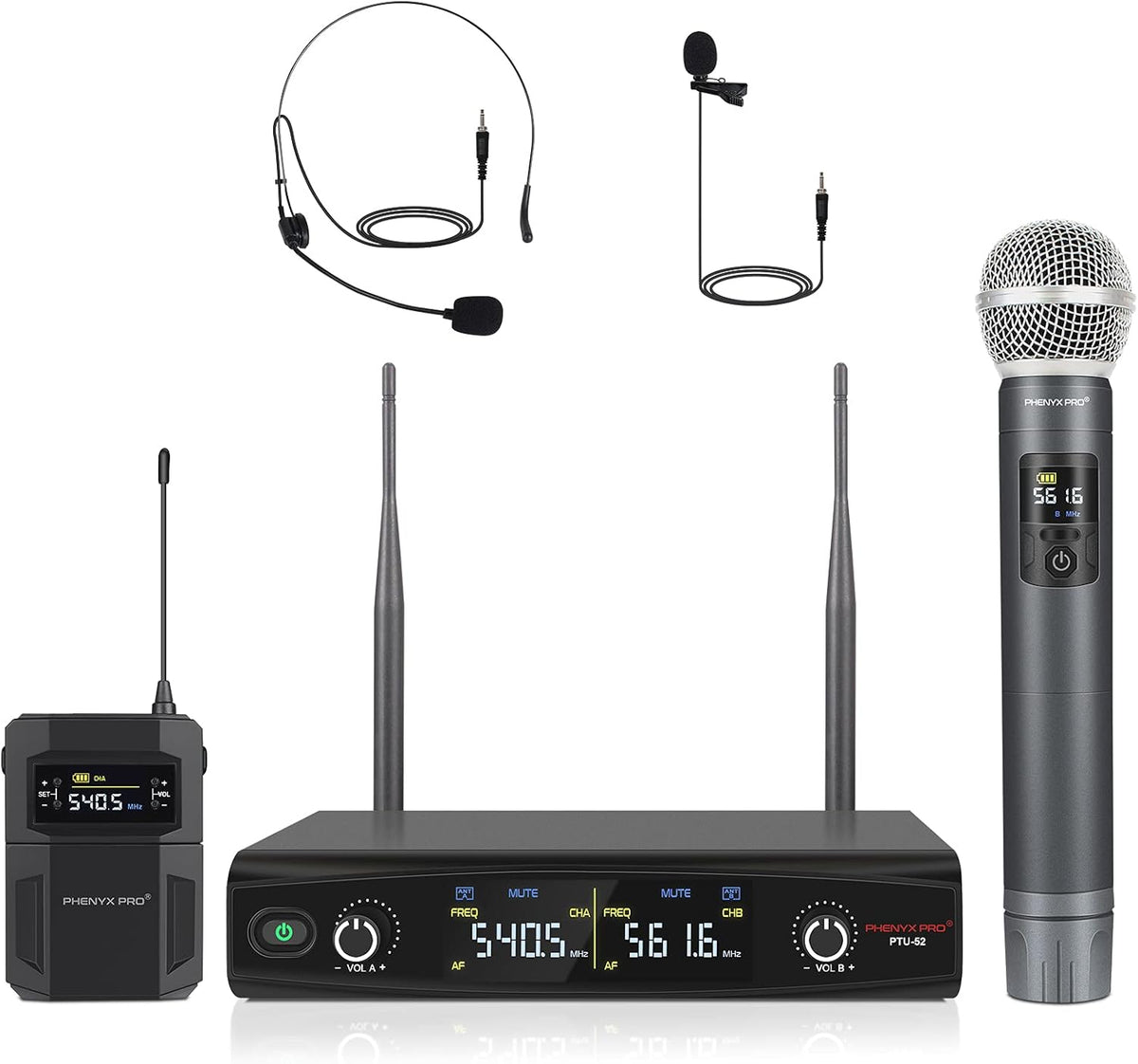 UHF Wireless Microphone System, 30 Adjustable Frequencies, Handheld/Bodypack/Headset/Lapel Mic Set with Case G88013