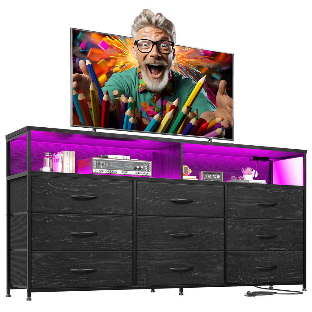 Black Dresser TV Stand with 9 Fabric Drawers & Power Outlet I6608