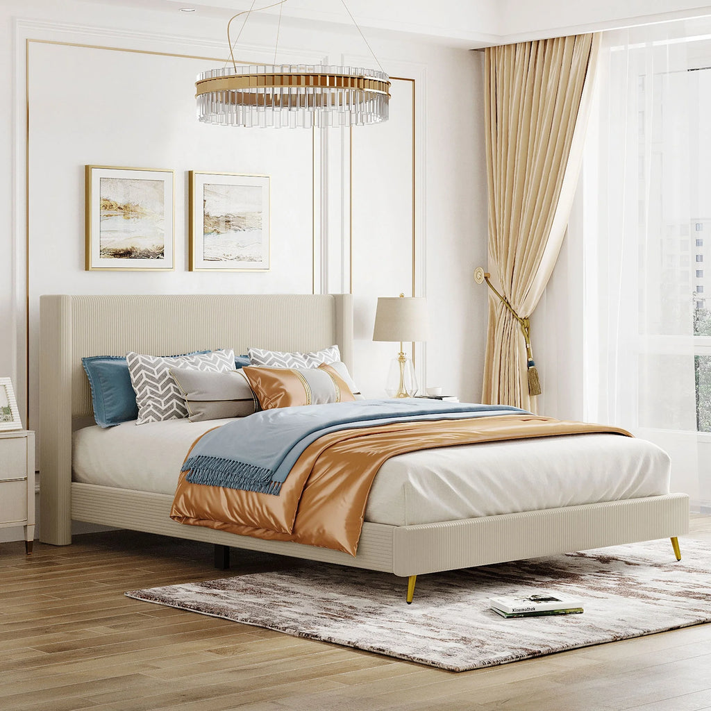 Queen Size Beige Corduroy Platform Bed with Metal Legs S931567