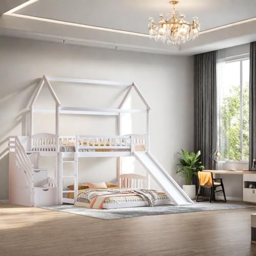 Twin Over Full Bunk Bed with Stairs and Slide, Gray M29973