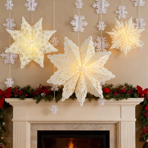 3Pcs Christmas Paper Snowflake Lanterns with Lights & Banner K245109