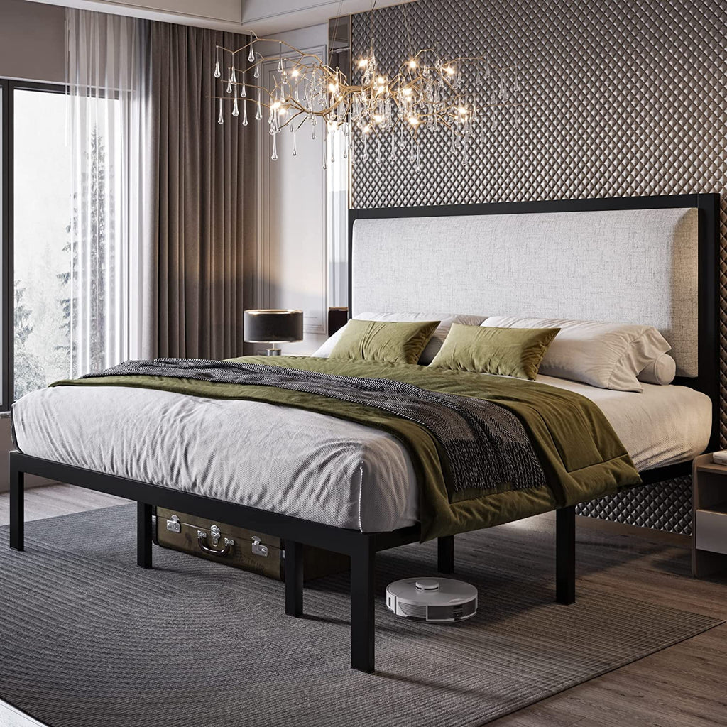 Queen Size Grey Metal Platform Bed Frame with Upholstered Headboard V59501