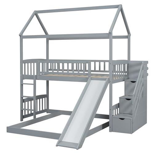 Twin Over Full Bunk Bed with Stairs and Slide, Gray M29973